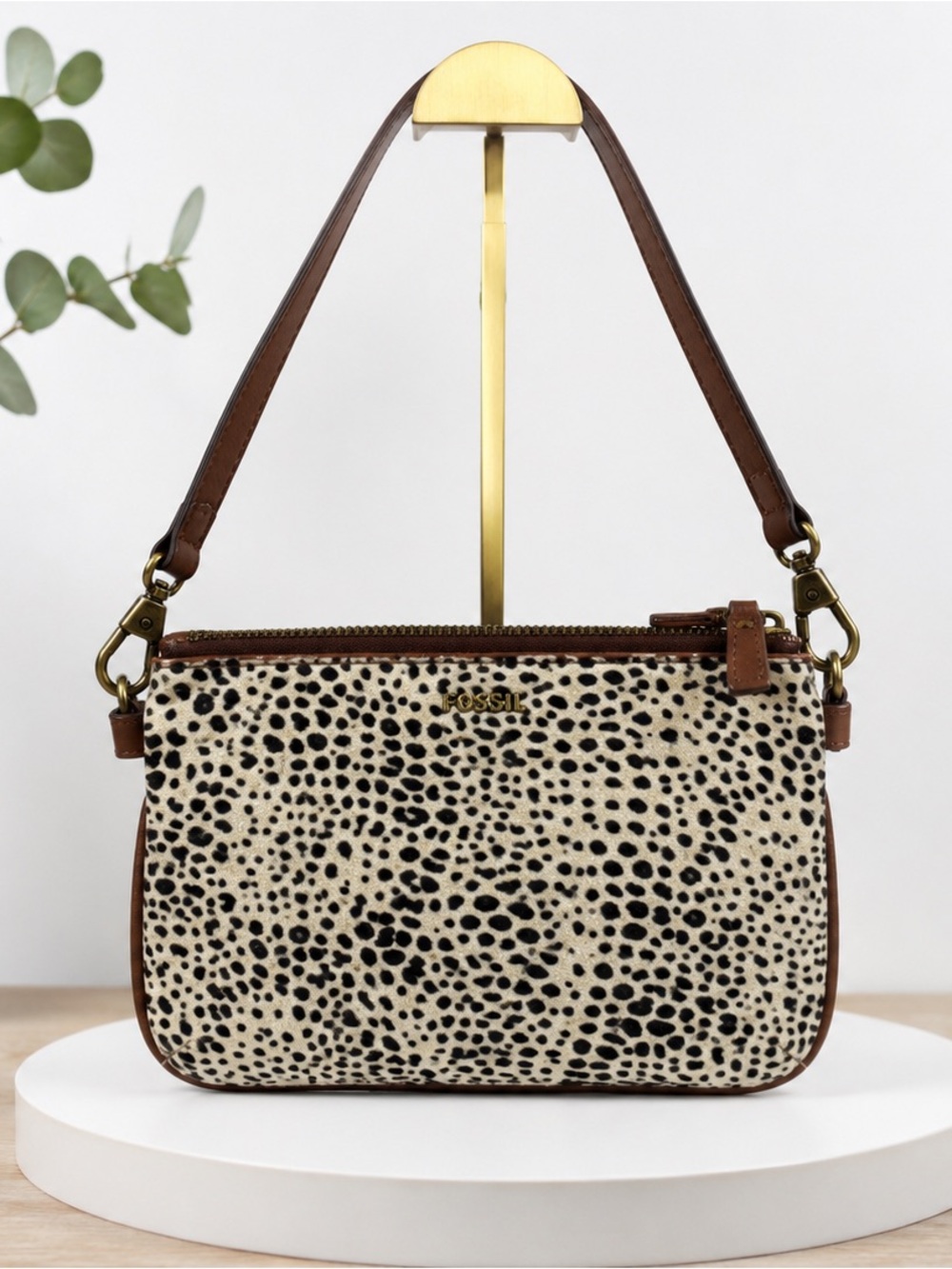 Fossil Vintage ZB5414 Animal Print Pony Hair Leather Shoulder Bag Brown
